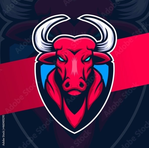 Obraz bull head mascot esport logo character with shield for sport and gaming logo concept