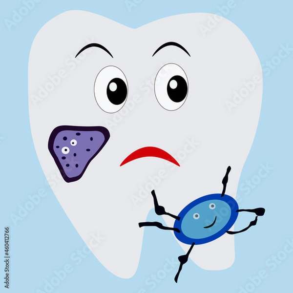 Fototapeta tooth with different bacteria and a sad face, vector drawing, isolate on a white background
