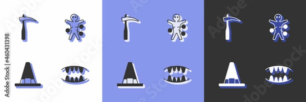 Obraz Set Vampire teeth, Scythe, Witch hat and Voodoo doll icon. Vector