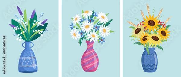 Obraz flower bouquets in wrapping and blooming plant. gerberas and chamomile, strawberry. tulip composition. Decorative florist shop item.