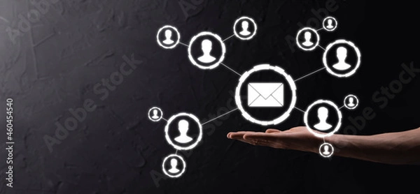 Fototapeta Email and user icon,sign,symbol marketing or newsletter concept, diagram.Sending email.Bulk mail.Email and sms marketing concept. Scheme of direct sales in business. List of clients for mailing.