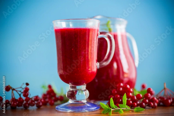 Fototapeta freshly squeezed thick natural juice with pulp from ripe red viburnum in a decanter