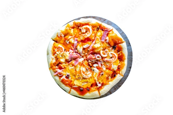 Fototapeta Top views Homemade seafood  pizza  in  vintage plate isolated on white background