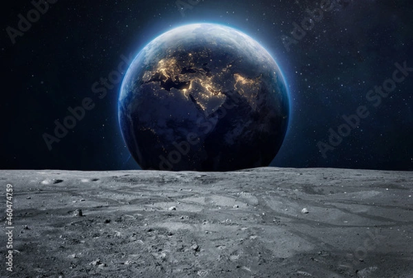 Fototapeta Moon surface and Earth at night in deep space. Planet and satellite. Artemis space program. Elements of this image furnished by NASA