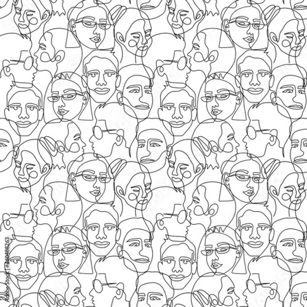 Fototapeta One line art face woman and man seamless pattern. Modern minimalist abstract portrait. Seamless background