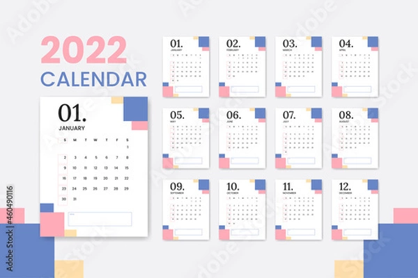 Fototapeta New year of 2022 calendar clean in minimalist table simple style, blue, pink and yellow color pastel, diary planner, week starts sunday.