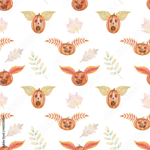 Fototapeta Watercolor seamless pattern from hand painted illustration of orange pumpkins with scary faces for Halloween with leaves like wings isolated on white for fabric material, design postcard, packaging