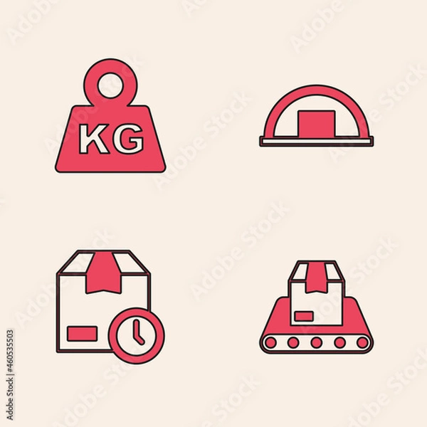 Obraz Set Conveyor belt with box, Weight, Warehouse and Cardboard clock icon. Vector