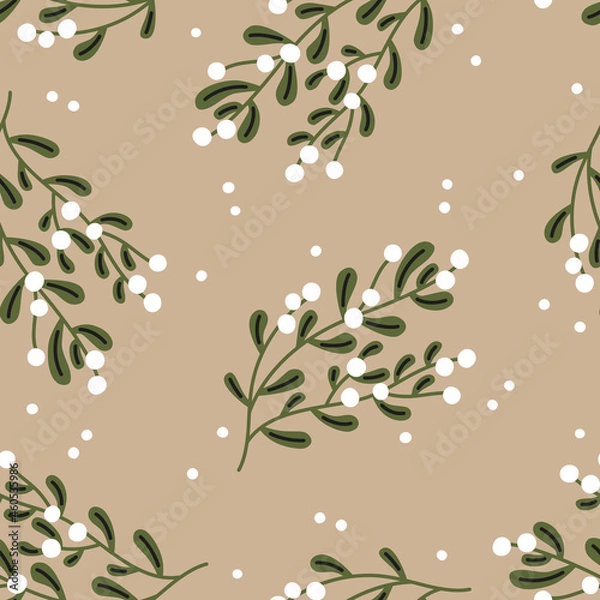 Obraz Christmas seamless pattern. Mistletoe on a beige background