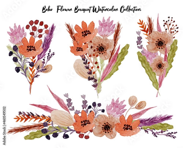 Fototapeta set of beautiful boho flower bouquet arrangement watercolor