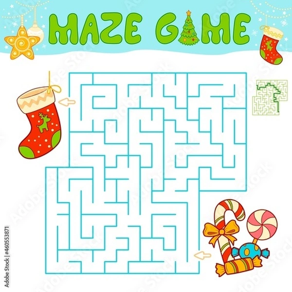 Fototapeta Christmas Maze puzzle game for children. Maze or labyrinth game with Christmas Sock.