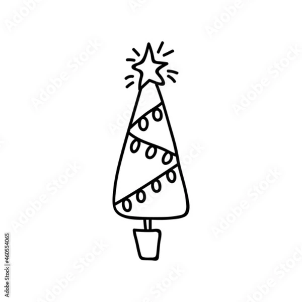 Fototapeta Single hand drawn Christmas tree with a garland. Vector illustration in doodles style. Isolated on white background.
