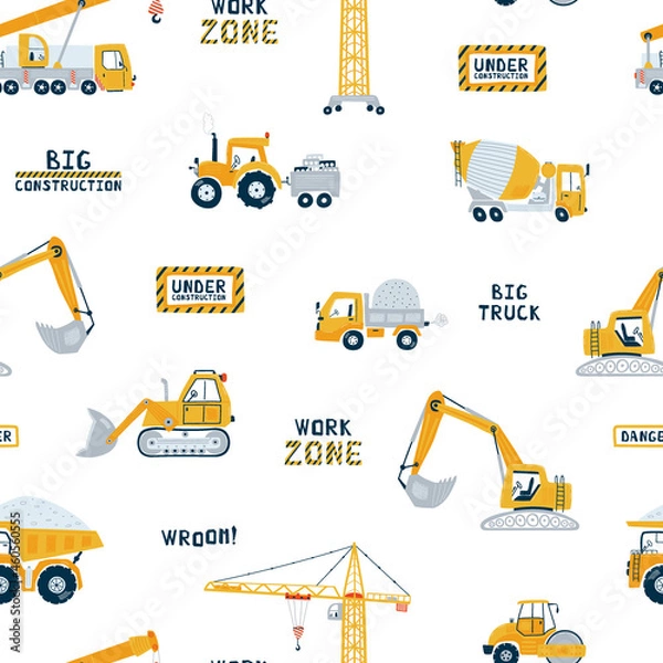 Fototapeta Cute children's seamless pattern with crane, road roller and dump truck on white background. Illustration construction site in cartoon style for wallpaper, fabric, and textile design. Vector