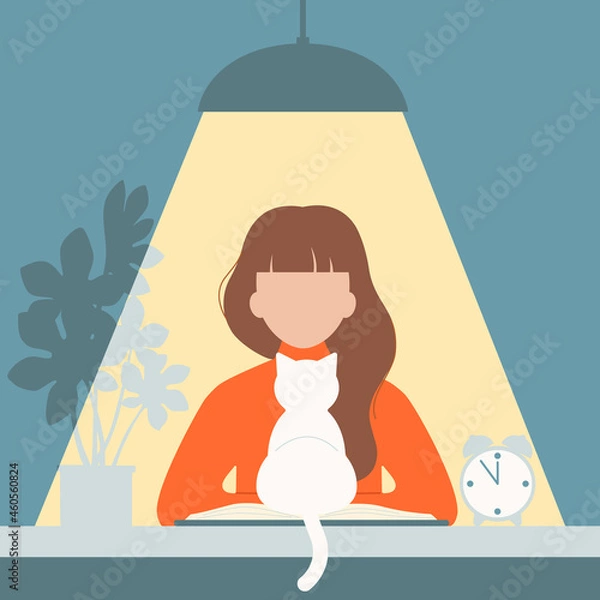 Fototapeta A girl and a cat are reading a book late at night. Vector illustration in a flat style. Cartoon characters of a person and a pet. The illustration is suitable for a poster, postcard, cover.