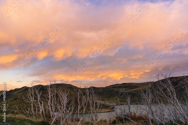Obraz The Torres del Paine National Park sunset view. Torres del Paine is a national park encompassing mountains, glaciers, lakes, and rivers in southern Patagonia, Chile.