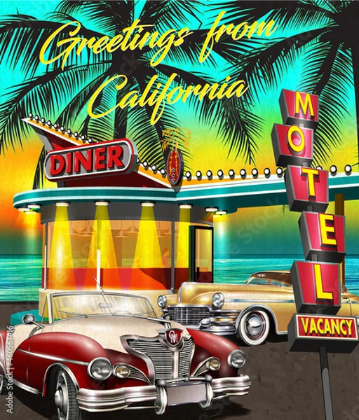 Fototapeta Greetings from California poster with retro American Diner and vintage cars on sunset background.