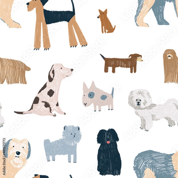 Fototapeta Hand-drawn colorful childish simple seamless pattern with dogs in Scandinavian flat cartoon style isolated on white background. Hatch graphic doodle dogs set for kids. Cute animals dogs print.