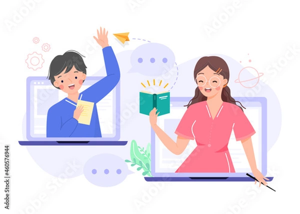 Fototapeta Online learning or distance education, e-learning concepts. Boy students holding paper studying happily via app. with teacher teaching on laptop.Tutorials, software for learning. Education vlog.