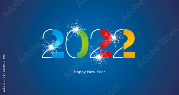Fototapeta 2022 Happy New Year modern cut of black light typography sparkle firework colorful white blue vector greeting card