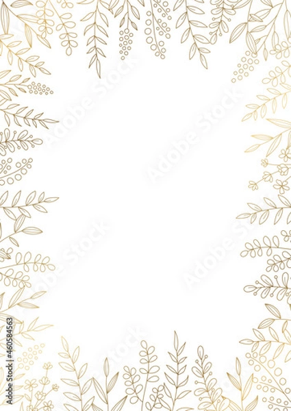 Fototapeta 花のデザインフレーム　線画のイラスト　白の背景にゴールド