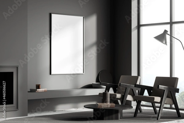 Fototapeta Canvas on grey living room wall and seating area with two armchairs