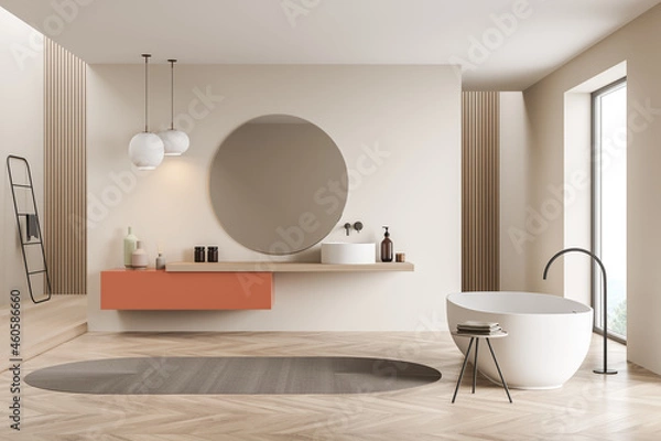 Obraz Bathtub and sink with mirror in light wooden bathroom interior with ladder
