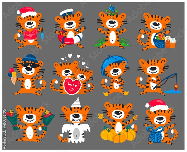 Fototapeta Chinese tiger set. Vector. Set of colourful tigers. Tiger with heart, tiger with a Christmas tree toy, tiger sailor, tiger and easter, tiger with ice cream, tiger under an umbrella, ghost tiger, tiger