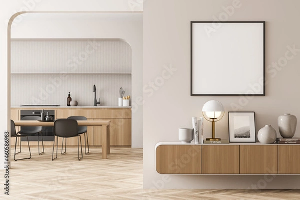 Fototapeta Empty white square frame in beige living space with background kitchen