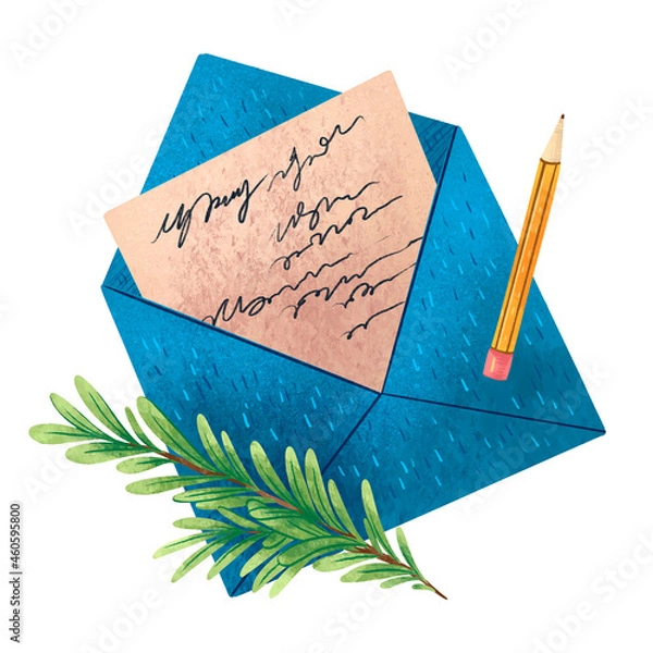 Fototapeta Illustration for the new year letter to Santa Claus blue envelope pine twig and yellow pencil