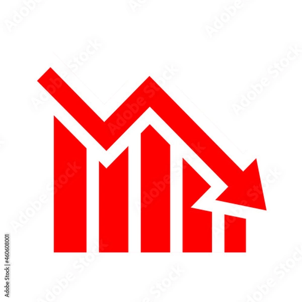 Fototapeta Red arrow going down stock icon on white background. Bankruptcy, financial market crash icon for your web site design, logo, app, UI. graph chart downtrend symbol.chart going down sign.