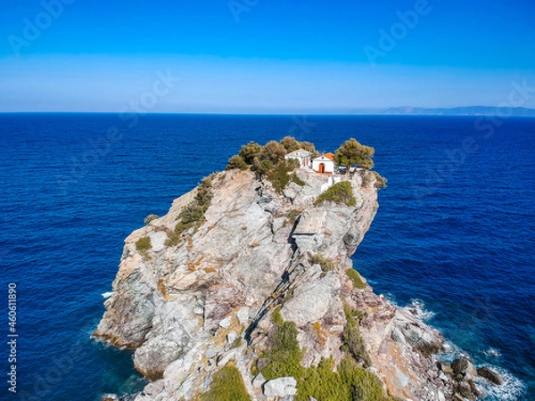 Fototapeta Aerial view of the famous small church Agios Ioannis in Skopelos where scenes of Mamma Mia were filmed. Its located in the region of Kastri, about 7km east of Glossa, northern Skopelos Sporades Greece