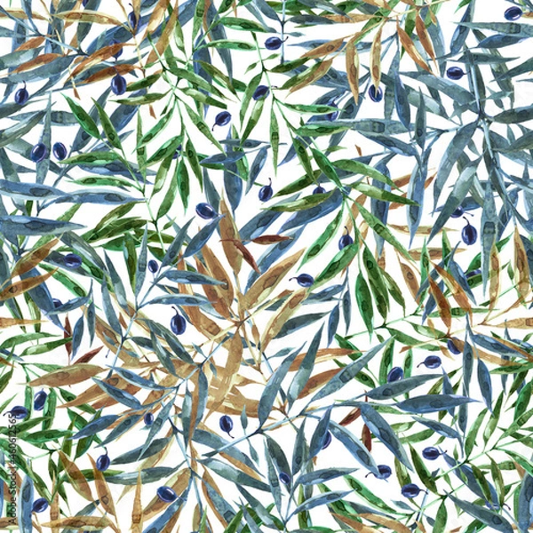 Fototapeta Seamless pattern of scattered branches of an olive tree with berries. Colorful texture for any kind of design. Graphic abstract background. You can use a bright summer print for your design.