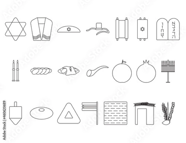 Obraz Set of Black line art Jewish icon on White background