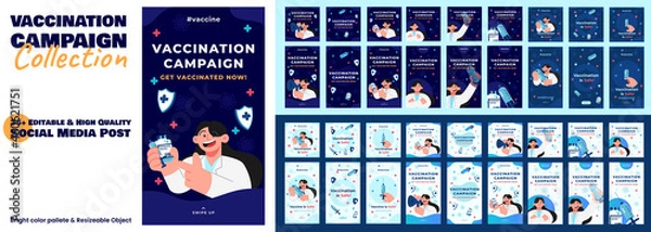 Obraz Social media post flat design vaccination campaign concept design set of poster banner, stories post mega pack bundle with syringe doctor and vaccine