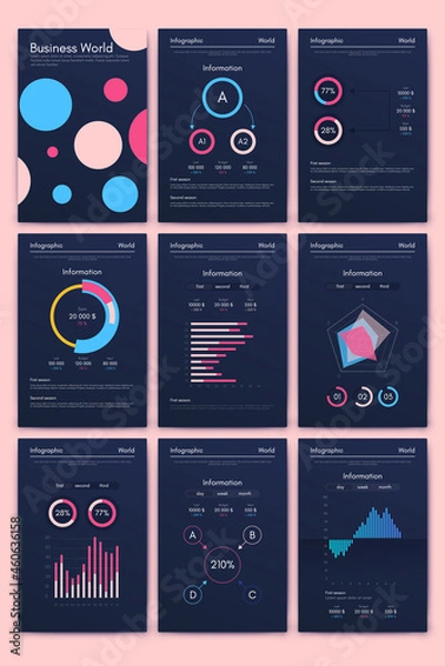 Fototapeta Vector graphics infographics with mobile phone. Template for creating mobile applications, workflow layout, diagram, banner, web design, business reports