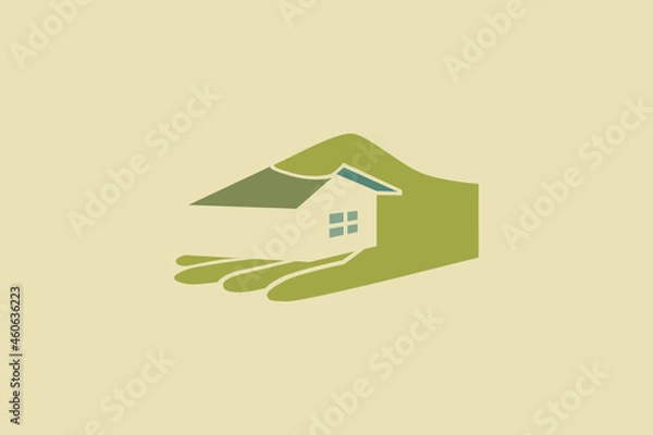 Fototapeta Logo with an illustration of a house and a hand with a giving gesture