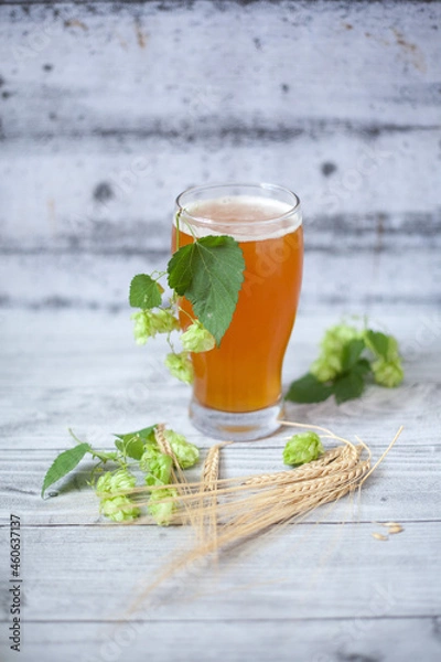 Obraz Glass of beer with hops and barley