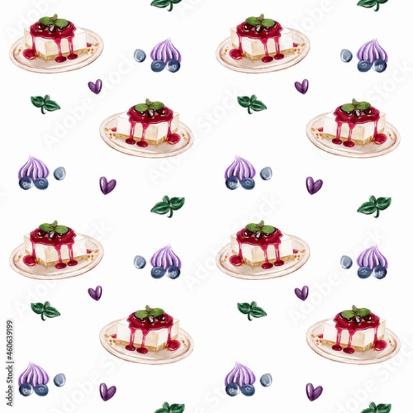 Fototapeta Watercolor seamless pattern. Hand drawn vintage background with sweet cheescakes, hearts and mint leaves. Vector design texture