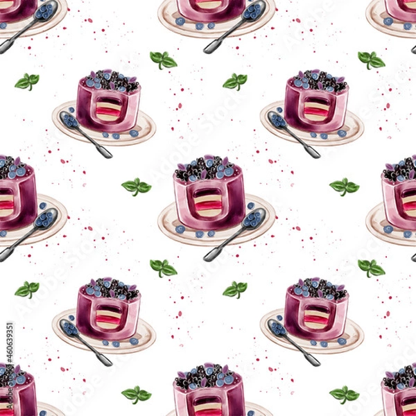 Fototapeta Watercolor seamless pattern. Hand drawn vintage background with sweet Cakes and mint leaves. Vector design texture