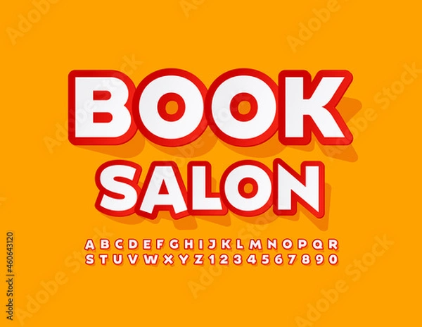 Fototapeta Vector bright Sign Book Salon. Red and White sticker Font. Artistic Alphabet Letters and Numbers