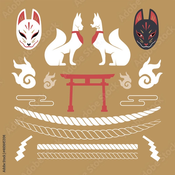 Obraz 稲荷神社のおいなりさんの狐、狐面、狐火、標縄、紙垂のセット