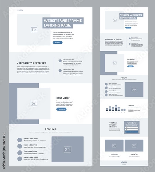 Obraz Modern and adaptive website design template for development. Landing page wireframe.