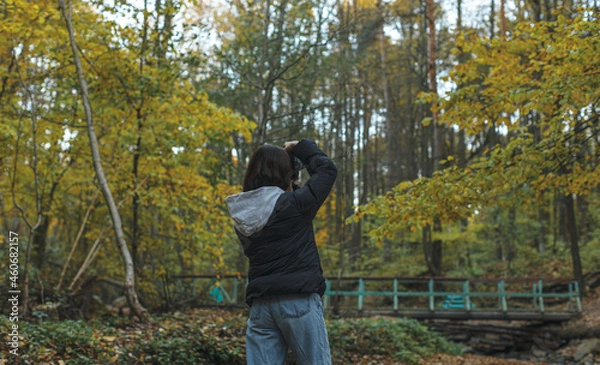Fototapeta young female photographer photographing with camera in forest, rear view