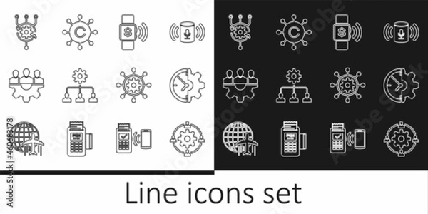Fototapeta Set line Outsourcing concept, Clock and gear, Contactless payment, Lead management, Project team base, Algorithm, and Copywriting network icon. Vector
