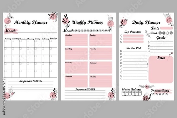 Fototapeta Set of minimalist planners. Daily, weekly, monthly planner template. Cute and simple printable to do list. Simple flowers, leaves, branches. Design with pink elements.