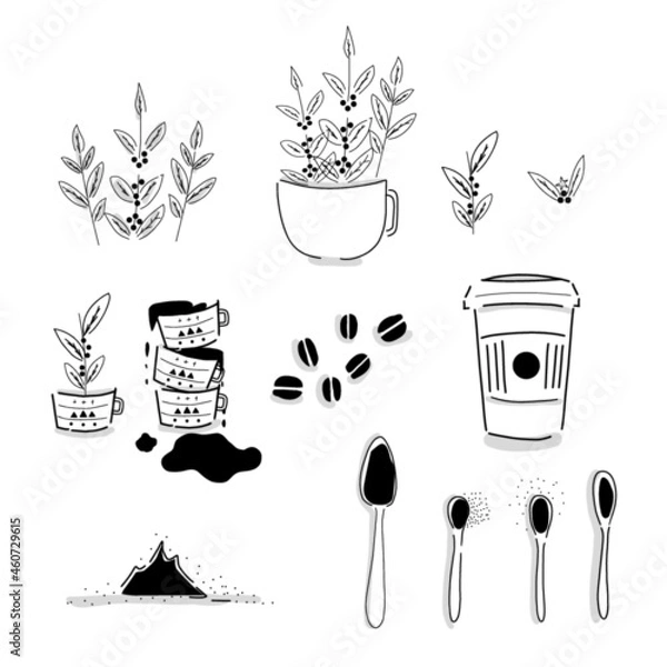 Obraz Vector illustration of coffee, coffee plants, ground coffee and coffee beans. Simple Hand-drawn coffee icon set. 