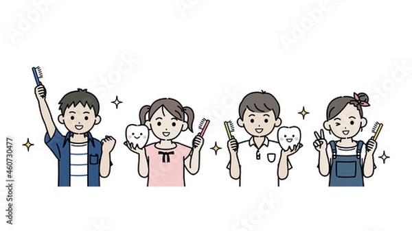 Fototapeta 歯磨きをする元気な子供たち　小学生　歯ブラシを持つ　チャレンジ　イラスト素材