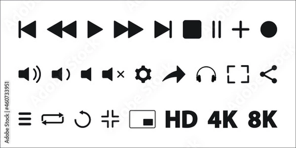 Fototapeta video media player icons vector set. multimedia music audio control. media player interface symbols. play, pause, mute sign. isolated on white background for web, presentation, logo, Icon Symbol. 