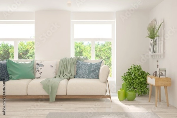 Fototapeta White living room with sofa and summer landscape in window. Scandinavian interior design. 3D illustration