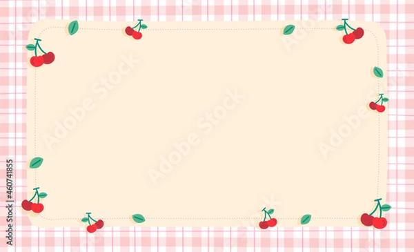 Fototapeta Cute Ornament Element Cherry Pastel Pink Gingham Pattern Paper Background Frame Border. Blank note Vector Illustration. Editable Stroke.